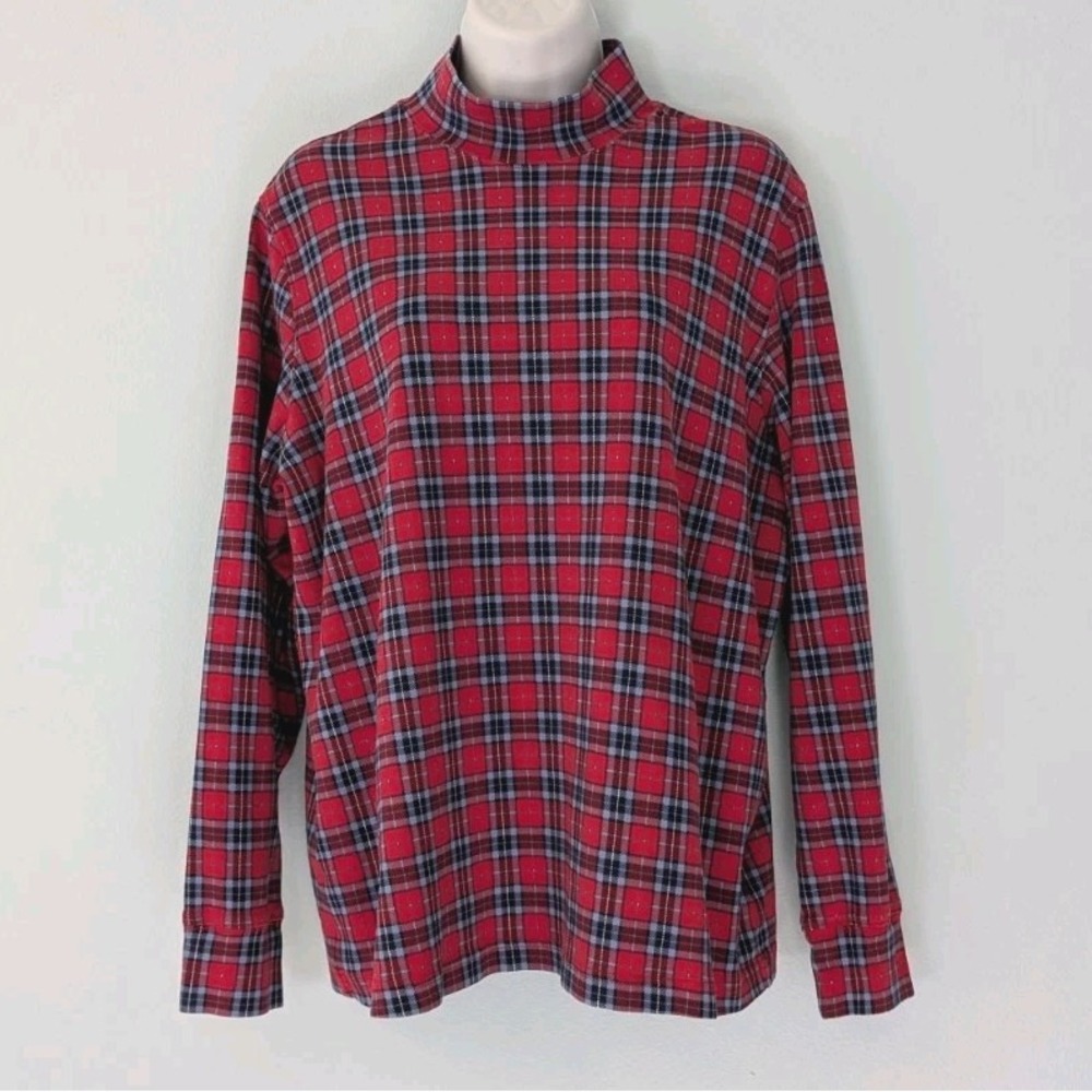 Lands End Plaid Mock Neck Top Women's 1X Red Classic Cozy Cotton 16W 18W